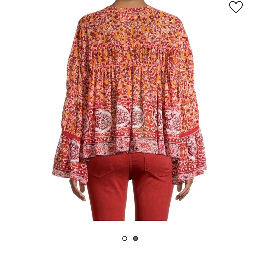 Free People Lorraine Tier Kimono Bohemian Print tie-Front Top Cardi Rust Lace L - Picture 12 of 12